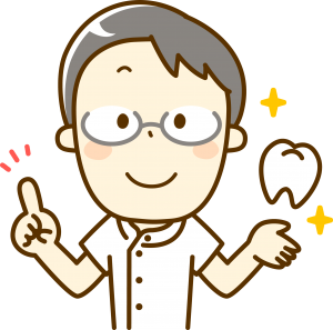 歯のポイントを説明する白衣を着たメガネの歯科医師